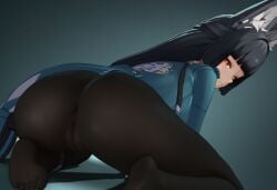 1girls 3d 3d_(artwork) animal_ear_fluff animal_ears anus anus_visible_through_clothes ass big_ass big_thighs black_gloves black_hair black_necktie blunt_bangs blush breasts dress_shirt female fox_ears fox_girl gloves green_jacket hoshimi_miyabi jacket jhc_(artist) large_breasts long_hair looking_at_viewer necktie nipples pantyhose parted_lips pussy pussy_visible_through_clothes red_eyes shirt sidelocks simple_background solo thick_thighs thighs white_shirt zenless_zone_zero