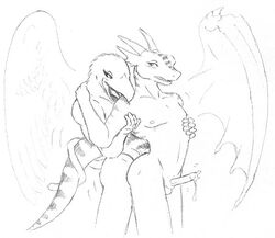 2004 anthro avian beak bite blush cum dragon duo erection gryphon male nipples penis salamander_(artist) yaoi