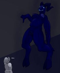 ambiguous_gender anoelotl anthro areola armor bared_teeth beckoning belly bent_legs blue_areola blue_body blue_eyes blue_horn blue_mouth blue_skin blue_vulva breasts claws clitoris dark_blue_skin digital_drawing_(artwork) digital_media_(artwork) digitigrade dungeons_and_dragons duo ellipsis female genitals gesture glowing glowing_eyes glowing_mouth grin hand_gesture hasbro headgear helmet hi_res hooves horn humanoid inner_labia knight leaned_back looking_down looking_up monster multi_eye nightwalker_(species) nipples pointing pointing_down presenting presenting_vulva shaded shadow_creature sharp_teeth simple_background size_difference smile smoke teeth teeth_showing text toothy_smile undead vulva warrior wizards_of_the_coast