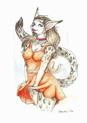 anthro clothing collar dress feline female looking_at_viewer mammal open_mouth pussy smile snowyzi solo traditional_media_(artwork)