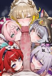 1boy 5girls aglaea_(honkai:_star_rail) ai_generated big_penis blue_eyes castorice_(honkai:_star_rail) cat_ears cat_girl catgirl cipher_(honkai:_star_rail) cock_worship fellatio female flower_in_hair gernon golden_hair gray_hair hair_ornament harem hat honkai:_star_rail hood hood_up huge_cock hyacine_(honkai:_star_rail) licking licking_balls licking_penis lipstick_mark lipstick_marks lipstick_on_penis looking_at_penis looking_at_viewer male multicolored_eyes multicolored_hair multiple_females multiple_girls penis pink_hair pov purple_eyes purple_hair red_hair sultry_eyes tribbie_(honkai:_star_rail) tribios_(honkai:_star_rail) unique_eyes