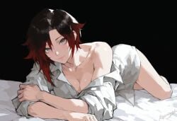 ai_generated bare_legs bed bed_sheet black_background black_hair breasts cleavage closed_mouth clothing collarbone collared_shirt dress_shirt female gradient_hair grey_eyes kizirugai looking_at_viewer lying medium_breasts multicolored_hair naked_shirt off_shoulder on_bed on_stomach red_hair ruby_rose rwby shirt short_hair simple_background single_bare_shoulder sleeves_rolled_up smile solo thighs two-tone_hair white_shirt