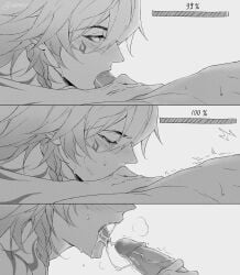 2boys ^^^ absurdres blush braid commentary cum cum_in_mouth cum_string deepthroat ejaculation english_commentary erection eyelashes facial_mark fellatio greyscale highres honkai:_star_rail honkai_(series) lying male male_focus medium_hair monochrome multiple_boys multiple_males mydei_(honkai:_star_rail) on_back oral out_of_frame parted_bangs penis phainon_(honkai:_star_rail) rd11011 sequential side_braid sweat veins veiny_penis white_background yaoi