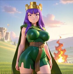 1girls 3d 3d_(artwork) 3d_artwork absurd_res absurd_resolution absurdres ai_generated archer_queen_(clash_of_clans) archer_queen_(clash_royale) artist_request athletic athletic_body athletic_female big_breasts blush blushed_face blushing_at_viewer blushing_female breasts busty busty_female busty_girl cape castle clash_(series) clash_of_clans clash_royale closed_mouth clothed clothing cloud clouds cloudy_sky crown curvaceous curvaceous_female curvaceous_figure curvy curvy_body curvy_female curvy_figure curvy_hips cute cute_expression cute_eyes cute_face cute_female dress dressed female female_only female_solo fire flames fully_clothed fully_dressed grass grass_field green_cape green_clothing green_dress green_skirt half-closed_eyes headwear hi_res high_quality high_resolution highres huge_breasts large_breasts legs long_hair looking_at_viewer purple_eyes purple_hair seductive seductive_body seductive_eyes seductive_look sideboob skirt sky slim_waist small_waist solo_female standing supercell supercell_(company) thick_thighs thighs thin_waist