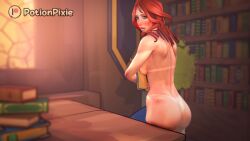 3d 3d_(artwork) 3d_model 3d_render 3dcg ass back_view blush fantasy female game_cg harry_potter lily_evans lily_potter looking_at_viewer looking_back red_hair redhead_female tanline