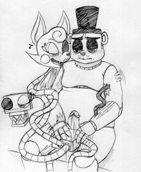 2016 2_heads animatronic anthro bear black_and_white blush canine duo erection exposed_endoskeleton female five_nights_at_freddy's five_nights_at_freddy's_2 fox freddy_(fnaf) half-closed_eyes hat inkyfrog machine male mammal mangle_(fnaf) monochrome multi_head musical_note penis robot sex simple_background sitting slightly_chubby straight top_hat traditional_media_(artwork) video_games white_background