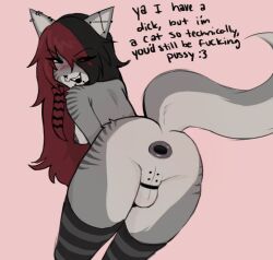 2025 :3 alternative_fashion anthro anus areola ass backsack balls blush breasts chin_piercing clothing countershade_butt countershading domestic_cat emo english_text facial_piercing felid feline felis fur gaping gaping_anus genitals ghwostpawz gray_(ghwostpawz) grey_body grey_fur guiche_piercing gynomorph gynomorph_anthro hair highlights_(coloring) intersex intersex_anthro inviting_to_sex legwear long_hair male_only mammal nonbinary_(lore) nose_piercing nose_ring pattern_clothing pattern_legwear pattern_thigh_highs piercing presenting presenting_hindquarters rear_view red_highlights ring_piercing solo solo_male striped_body striped_clothing striped_fur striped_legwear striped_thigh_highs stripes tail text thigh_highs
