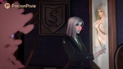 3d 3d_(artwork) 3d_model 3d_render 3dcg belly_piercing blonde_hair blush bondage breasts desire fantasy game_cg harry_potter imagining magic medium_breasts narcissa_malfoy nipples vines