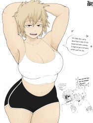 1girls 2boys about_to_burst anger_vein angry armpits arms_up ass_too_big barely_contained barely_contained_ass barely_contained_breasts barely_fits big_breasts blonde_hair breasts breasts_too_big bursting_breasts bursting_butt cleavage clothing crop_top dialogue dolphin_shorts female female_focus hands_behind_head hassdr4w imminent_wardrobe_malfunction izuku_midoriya katsuki_bakugou male milf mitsuki_bakugou mother mother_and_son my_hero_academia navel nipple_bulge no_bra nosebleed png shorts showing_off son straining_clothing text thick_thighs tight_fit too_tight undersized_clothes undersized_clothing wide_hips