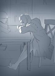 bare_legs barefoot bent_over breasts candle chair cloak female fire fire_emblem fire_emblem_awakening greyscale indoors looking_at_viewer medium_hair monochrome naked_cloak night nintendo nipples nude nude_female pomelomelon robin_(fire_emblem) robin_(fire_emblem)_(female) sitting small_breasts table twintails