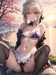 1girls ai_generated alternate_breast_size artoria_pendragon artoria_pendragon_(alter) artoria_pendragon_(swimsuit_rider_alter) bikini blonde_hair breasts commission fate/grand_order fate_(series) female large_breasts looking_at_viewer maid maid_headdress maid_uniform outdoors saber_alter short_hair stable_diffusion thighhighs thighs tied_hair yellow_eyes