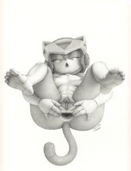 1girls 2017 anthro anus breasts detailed_pussy domestic_cat feline female fur furry gaping gaping_anus goatse helmet looking_at_viewer mammal monochrome polly_esther presenting pussy samurai_pizza_cats soles spreading tabusa tail