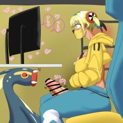 1futa artist_request bar_censor blonde_hair blue_hair canari_(pokemon) canary_(pokemon) censored cleavage clothed clothing computer computer_monitor desk eelektross futanari game_freak generation_5_pokemon grey_eyes jacket japanese_text leggings makeup mammal mask multicolored_hair nintendo penis pokemon pokemon_(species) pokemon_focus pokemon_legends:_z-a pokephilia shibirudon under_the_table watching_porn