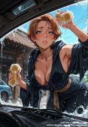 ai_generated armpits bangs blue_eyes blush breasts brown_hair building car castlevania castlevania_(netflix) clavicle cleaning cleavage clothing collarbone covered_nipples day female female female_only ground_vehicle holding hood jousneystudio large_breasts leaning_forward lips looking_at_viewer mature_female motor_vehicle no_bra open_clothes original outdoors parted_lips robe short_hair sky soap soap_bubbles solo sponge sweat sypha_belnades traditional_clothes vehicle wafuku washing water wet