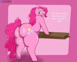 absurd_res animal_genitalia anthro ass belly big_breasts blue_eyes blush breasts cutie_mark digital_media_(artwork) english_text equid equine equine_genitalia female feral friendship_is_magic fur genitals hair hasbro hi_res horse mammal my_little_pony mythological_creature mythological_equine mythology nipples nude overweight overweight_female overweight_feral pink_body pink_hair pinkie_pie_(mlp) pony pussy simple_background smile softpandabear solo tail text thick_thighs tongue