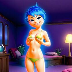 1girls 2015 ai_generated background bed bikini blue_hair civitai d3rmal disney enjoying female grabbing grabbing_own_breast indoors inside_out inside_out_2 joy_(inside_out) lamp looking_at_viewer naughty_face pixar short_hair smug solo tagme window