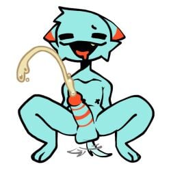 anthro balls black_tape blue_body blue_fur bodily_fluids cheek_tuft closed_eyes clothing cum cumshot ejaculation erection eyes_always_closed facial_tuft fluffy fur genital_fluids genitals handwear male male_only mitten_hands mittens nipple_tape nude nude_anthro nude_male open_mouth orange_body orange_fur pasties penis scab_(character) scab_nsfw simple_background smile solo tail tail_motion tailwag tape teeth tongue tongue_drip tuft white_background