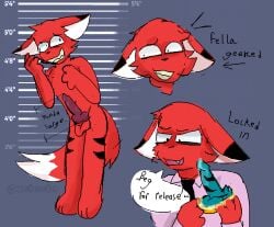 anthro balls black_markings blue_penis blush bodily_fluids canid canine clothing ear_markings ears_down genital_fluids genitals knot knotted_penis leaking_precum male male/male mammal markings measurements model_sheet necktie nervous_smile penis pink_clothing pink_shirt pink_topwear pivoted_ears precum red_body rye_(snubcube) shirt snubcube solo speech_bubble stripes tail teeth theiron_(snubcube) thinking_with_portals topwear white_ears white_tail yellow_teeth