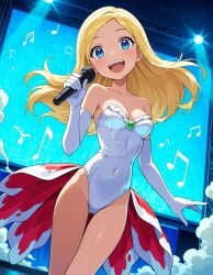 2025 4kids_entertainment ai_generated anime blonde_female blonde_girl blonde_hair_female blue_eyes brown_eyebrows cartoon_network cosplay cosplayer dc deviantart elryusam female goldeen goldeen_(cosplay) holding_microphone kasumi_(pokemon) meta misty_(pokemon)_(cosplay) nintendo not_porn open_mouth pokemon pokemon_(cosplay) red_cheeks singing stage teen_titans terra white_gloves