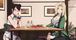 1boy 2girls alcohol blonde_hair blush breasts brown_eyes brown_hair chinese_clothes cleavage double_bun facial_mark female fishnets food forehead_mark hair_bun handjob indoors japanese_clothes kimono large_breasts long_hair looking_at_viewer male mature_female multiple_girls naruto penis sex_toy sitting smile straight table tenten tsunade tsunade_(naruto) uncensored