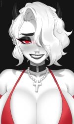 1girls absurd_res absurdres big_breasts black_eyeshadow black_lips black_lipstick burningaq burningaq_(artist) ear_piercing earrings eyeshadow female glowing_eyes hair_over_eye hair_over_one_eye helltaker huge_breasts lip_piercing lipstick red_bra red_clothing red_elbow_gloves red_eyes seductive seductive_look seductive_smile septum_piercing septum_ring sharp_teeth short_hair smirk white_hair white_skin zdrada_(helltaker)