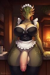 ai_generated argonian big_breasts big_penis black_bustier bracelets breasts bustier cleavage cock dick dickgirl flaccid flaccid_cock flaccid_penis foreskin futa_only futanari green_scales horns indoors intersex leaning leaning_on_table lizard looking_at_viewer maid maid_outfit maid_uniform non-mammal_breasts non-mammal_nipples penis scales scalie scalie_female smiling_at_viewer standing tavern tavern_background the_elder_scrolls uncircumcised