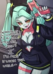 1girls busty cyberpunk cyberpunk:_edgerunners english_text green_hair green_skin gun jacket moxydraws moxydrawsmore open_jacket pale-skinned_female pale_skin petite rebecca_(edgerunners) speaking_to_viewer weapon