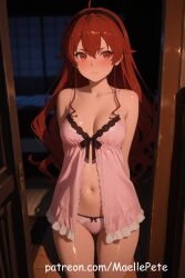 ai_generated beautiful beauty belly belly_button blush breasts cute dress eris_greyrat female female_only hairbow long_hair love maellepetite mushoku_tensei negligee pajamas panties pose red_eyes red_hair solo