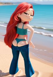 1girls 2025 5_fingers ai_generated background beach chelsea chelsea_(ruby_gillman) chelsea_van_der_zee civitai crop_top d3rmal dreamworks earrings enjoying female grey_eyes human jpeg long_hair looking_at_viewer pulling_down_pants red_hair ruby_gillman,_teenage_kraken sand showing_panties sky smirk solo tagme_(artist) water