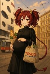 1girls ai_generated baguette belly city female hand_on_stomach horns kya_nini orange_eyes outdoors outside preggo pregnant pregnant_female red_hair shopping shopping_bag smiling solo tesco tram turtleneck virtual_youtuber vtuber