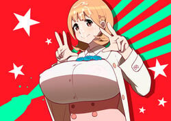 blonde_hair breasts collared_shirt cum cum_on_hair double_v ejaculation erect_nipples facial female hairclip highres huge_breasts long_sleeves looking_at_viewer narusawa_ryouka occultic;nine penis puffy_nipples short_hair simple_background solo standing stars tetrodotoxin upper_body v yellow_eyes