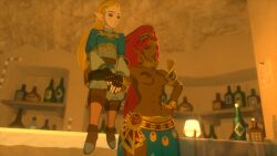 2girls 3d abs alcohol blonde_hair blue_lipstick breasts carrying_another dark-skinned_female dark_skin female fully_clothed gerudo muscle_mommy muscles nintendo nodusfm partially_clothed princess_zelda red_hair the_legend_of_zelda the_legend_of_zelda:_breath_of_the_wild tits_out urbosa zelda_(breath_of_the_wild)