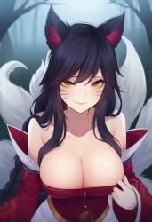 ahri ahri_(league_of_legends) ai_generated big_breasts big_titties black_hair cute female fox_ears fox_girl foxgirl inviting kimono kitsune orange_eyes seductive seductive_look seductive_pose seductive_smile tugging_clothing whiskers