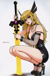 black_choker black_dress black_nails black_shoes blonde_hair blue_eyes breasts choker detached_sleeves dress earrings female fingernails fishnet_sleeves fishnets hair_ornament high_heels highres holding holding_sword holding_weapon huge_weapon jewelry long_hair looking_at_viewer magik_(illyana_rasputin) magik_(marvel_rivals) marvel marvel_comics marvel_rivals nail_polish prixmal sharp_fingernails shoes short_dress single_detached_sleeve solo spiked_choker spikes squatting strap_slip sword weapon x-men