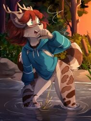 anthro antlers blue_eyes blush bodily_fluids bottomless clothed clothing felid feline female flat_chested genital_fluids genitals hi_res hoodie horn kinky_spy mammal open_mouth partially_submerged peeing peeing_into_water peeing_outside peshu solo tail topwear urine vulva water watersports