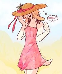 covered_eyes furry hat penis penis_under_clothes see-through_clothing speech_bubble sundress woetoy
