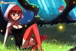 2016 2girls black_dress blush breasts brown_eyes cleavage cloak dress forest grass hood hooded_cloak kaho_(momodora) leaf lumineko maple_leaf masturbation momodora momodora:_reverie_under_the_moonlight multiple_girls nature nipples no_panties open_mouth pointy_ears ponytail pussy pussy_juice pussy_juice_trail red_hair red_legwear short_hair sitting sleeveless sleeveless_dress thighhighs tied_hair tongue uncensored watermark web_address