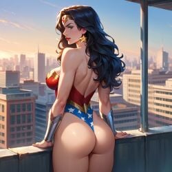 1girls ai_generated amazon arm_support arms_at_sides artist_request ass ass_focus back bangs bare_ass bare_back bare_legs bare_shoulders big_ass big_breasts black_hair bracer breasts building city cityscape closed_mouth dc dc_comics diana_prince earrings female female_only from_behind heroine indoors jewelry justice_league justice_league_unlimited legs legs_together leotard light-skinned_female light_skin lips lipstick long_hair looking_at_viewer looking_back makeup naughty_face neck parted_bangs red_lipstick sideboob sky smile solo standing star_(symbol) star_earrings star_print strapless strapless_leotard sunset superhero_costume superheroine themysciran tiara wavy_hair wonder_woman wonder_woman_(series)