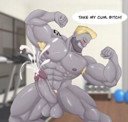 alpha_male anchor_tattoo armpit_hair balls bandage_on_nose big_muscles blonde_hair bodybuilder cocky cum cumshot dialogue dominant_male erect_penis huge_biceps huge_cock huge_pecs mireikiphanie nipples piercing pubic_hair skimpy_clothes tank_top tattoo zombie zombie_weeners