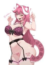 absurdres alternate_costume animal_ears artist_name black_bow black_garter_belt blush bow bra breasts claw_pose cleft_of_venus collarbone commentary criss-cross_halter english_commentary fangs female fingernails frilled_thigh_strap garter_belt groin hair_intakes halterneck heart heart-shaped_pubic_hair highres hololive hololive_english large_breasts leopard leopard_print leopard_print_bra lingerie long_hair looking_at_viewer multicolored_hair myth1carts nail_polish navel no_panties open_mouth paid_reward_available panther_ears panther_girl panther_tail photo-referenced pink_bra pink_hair pink_nails pubic_hair pussy pussy_peek raora_panthera shaped_pubic_hair simple_background smile solo stomach streaked_hair tail teeth thigh_bow thigh_strap thighs two-tone_hair underwear underwear_only upper_teeth_only virtual_youtuber white_background white_hair yellow_eyes