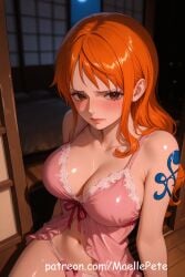 ai_generated beautiful beauty belly belly_button blush breasts brown_eyes clothing cute dress female female_only long_hair love maellepetite nami_(one_piece) negligee one_piece orange_hair pajamas panties pose solo