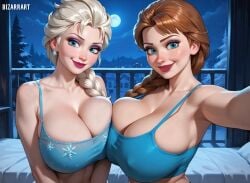 2girls ai_generated anna_(frozen) asymmetrical_docking bizarrart breast_to_breast brown_hair cleavage disney disney_princess elsa_(frozen) female female_only frozen_(film) huge_breasts princess queen royalty sisters tank_top white_hair