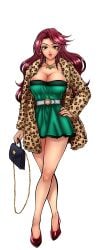 animal_print bag belt black_background blue_eyes breasts cg cleavage crossed_legs dress earrings female full_body green_dress green_eyes hand_on_own_hip handbag hentai_heroes high_heels holding isabella_(hentai_heroes) jewelry kinkoid kurono_ageha large_breasts legs leopard_print lips lipstick long_hair looking_at_viewer makeup nail_polish necklace official_art parody purple_hair red_hair shoes short_dress simple_background smile solo standing strapless_dress thighs transparent_background