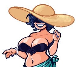 bare_shoulders bead_bracelet beads bikini black_bikini black_hair blue_eyes blue_hair blue_lips blue_nails bracelet breasts cg cleavage collarbone cordelia_valentine covered_eyes dead_estate female grin hat huge_breasts jewelry large_breasts navel official_art sarong short_hair simple_background smile solo strapless strapless_bikini straw_hat sun_hat swimsuit transparent_background upper_body white_background