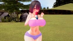 bete_noire betty_noire big_breasts blush bra brown_hair glitchtale gras grass hair_covering_one_eye koikatsu licking_popsicle open_mouth panties pink_bra popsicle purple_panties red_eyes red_hair saliva short_hair skirt stone tree trees