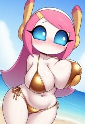 ai_generated alien alien_girl alien_humanoid beach blush comic golden_bikini golden_week holding_breast kirby_(series) kirby_planet_robobot pink_hair solo_focus susanna_patrya_haltmann susie_(kirby)