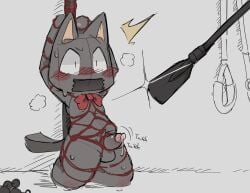 bj_(artist) blush bodily_fluids bondage bow_tie cat_ears cat_tail catboy doko_demo_issho domestic_cat genital_fluids genitals hi_res kuro_(doko_demo_issho) male male_only mammal non-human non-human_only penis precum precum_drip precum_string simple_background sketch sony_interactive_entertainment steam surprised surprised_expression tape taped_mouth tied_hands toony whip