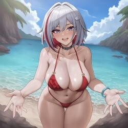 :d ai_generated beach bikini cowboy_shot curvy hi_res honkai:_star_rail large_breasts looking_at_viewer navel red_bikini ring roxor smile topaz_(honkai:_star_rail) two_tone_hair white_hair wide_hips