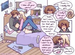 >///< 1boy 1boy1girl 1girls aroused asking_for_consent autism bed bedroom between_legs blonde_hair blush brown_hair closed_eyes consent ear_piercing face_to_face female flushed_face flustered fully_clothed heartbeat hoodie indoors intimacy intimate kissing lifted_clothing male navel nervous panting plushie repost romantic romantic_ambiance romantic_couple socks stuffed_animal sweat sweating torn_jeans turned_on waist welcome_to_heaven wholesome