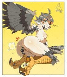 anal_beads ass bugita eyepatch green_eyes grey_hair harpy_girl medium_breasts naked_female nipples rear_view shenanigoons skeleharpy smile talons twitch wings youtube